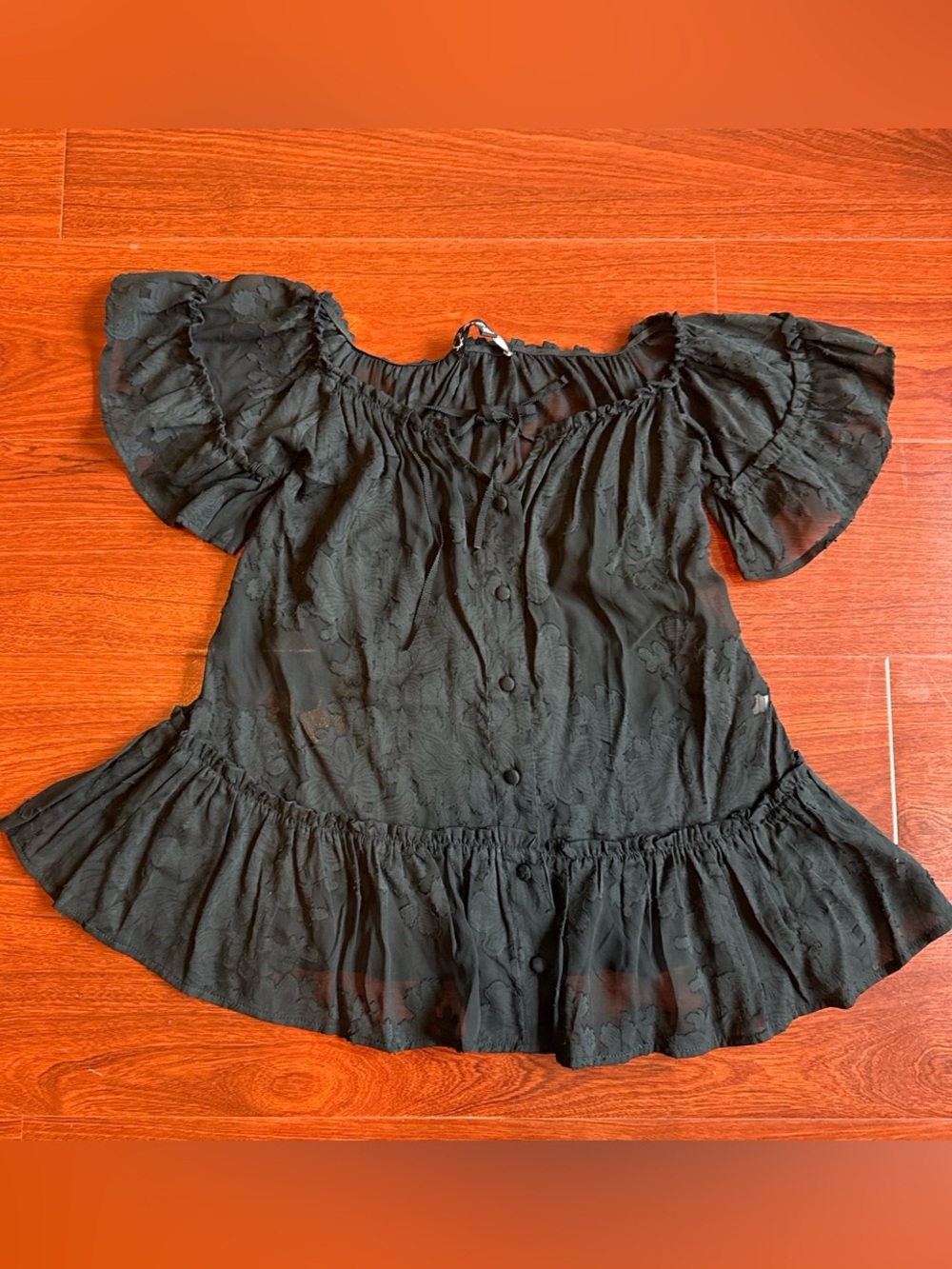 For Love & Lemons Black Silk Blend Sheer Burnout Ruffle Blouse Small